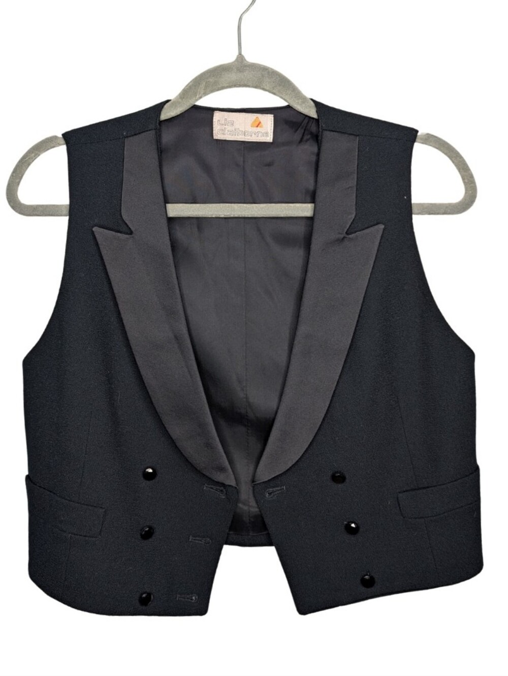 Vintage Liz Claiborne Black Tuxedo Vest Size 10 Satin Lapel Tailored Waistcoat